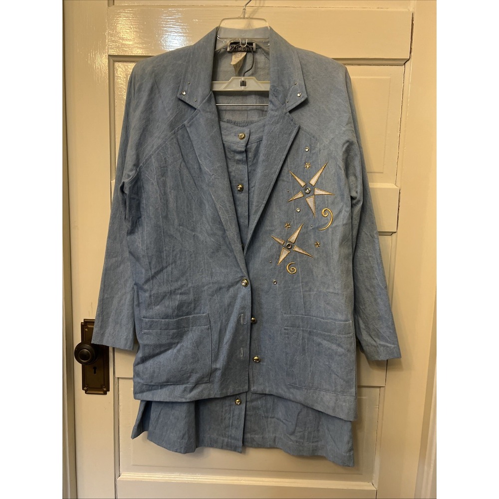 Peter Popovitch Vintage Denim Skirt Suit Set Embroidered Celestial Star Blue M